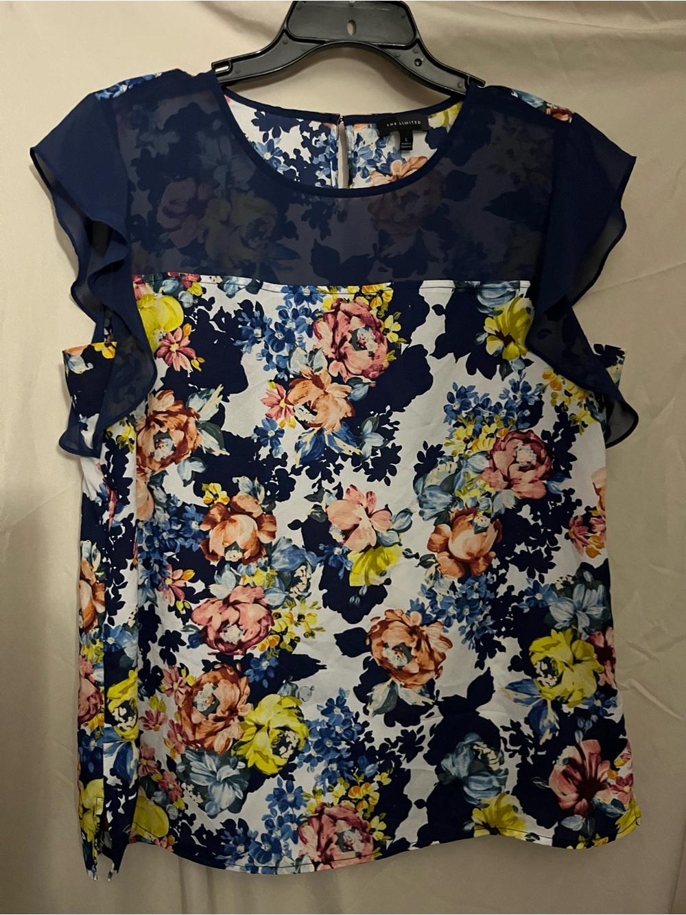 The Limited Navy Floral Chiffon Yoke Flutter Sleeve Blouse